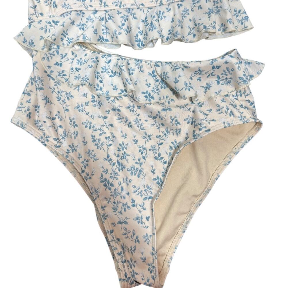 Peony Renaissance Ruffle One Piece Swimsuit AU8 S Blue Cream Floral Print Cutout - Picture 4 of 10